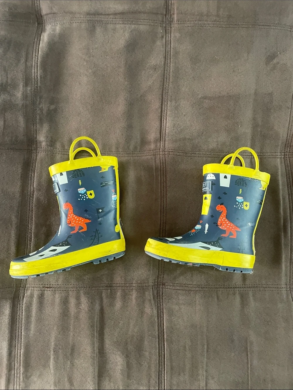 Kids Navy and Yellow Dinosaur Rain Boots with Easy Pull Handles
